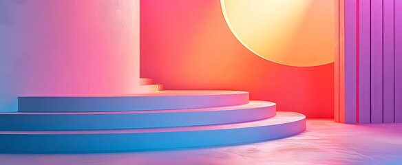 A colorful abstract setting with layered pastel stairs and a radiant backdrop, creating a vibrant stage for product display and brand visualization.