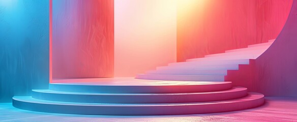 A colorful abstract setting with layered pastel stairs and a radiant backdrop, creating a vibrant stage for product display and brand visualization.