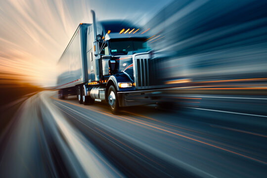 Dynamic image of a semi-truck in motion, showcasing speed and power, with a blue sky background and motion blur effect