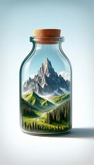 Mountain view in a transparent bottle