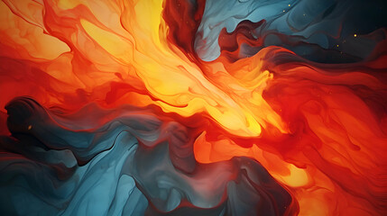 Abstract background of acrylic paint in red. blue and yellow tones.