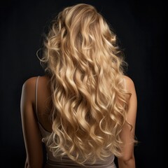 Naklejka premium Backward front view of a beautiful long curly wavy haired blonde.