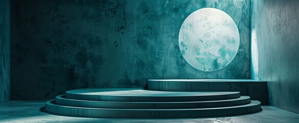 Minimalist abstract background featuring a circular platform and textured teal walls, evoking a modern and artistic atmosphere.