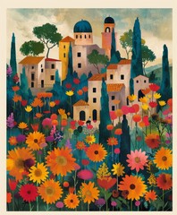 buildings with various architectural elements including domes and towers surrounded by lush greenery. In the foreground are many bright flowers of different sizes and colors.