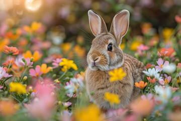 Fototapeta na wymiar a rabbit in a field of flowers