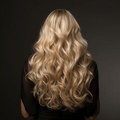 Backward front view of a beautiful long curly wavy haired blonde.