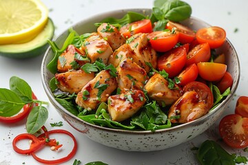 chicken salad, with tomato and tomatoes on white background