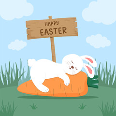 Happy Easter. Cute cartoon rabbit sleeping on carrot with wooden sign. Vector illustration