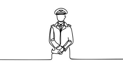 Single one continuous line drawing of young pilot. Professional work job occupation.