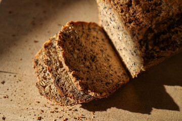 gluten-free seed and whole wheat bread with rice, oat and teff flour and various seeds. 