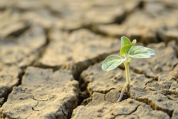 Plant emerging from the dry ground, life springs from drought determining hope for nature