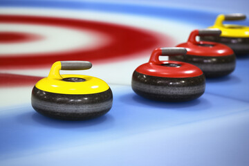 Four stones for curling in the House on the curling ice rink
