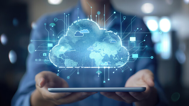 Cloud technology computing, device connected to cloud storage.