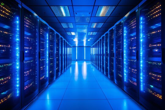 A server room with racks of blue LED lights symbolizing the backbone of cloud computing and data storage solutions