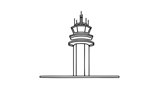 Air traffic control one continuous line illustration. Radar and control tower. Civil aviation safety.