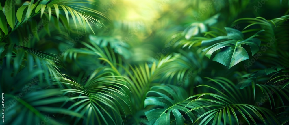 Sticker beautiful green jungle of lush palm leaves, palm trees in an exotic tropical forest, tropical plants nature concept for panorama wallpaper