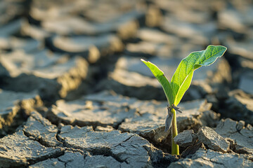 Fototapeta premium Plant emerging from the dry ground, life springs from drought determining hope for nature