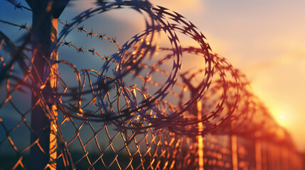 Barbed wire and barbed wire fence to prevent intruders. - obrazy, fototapety, plakaty