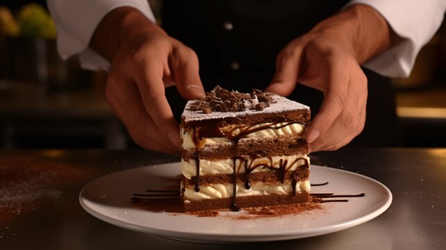 Chef creating a masterpiece of tiramisu each layer a testament to culinary skill and tradition