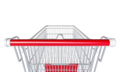 Empty shopping cart with red handles isolated on white background