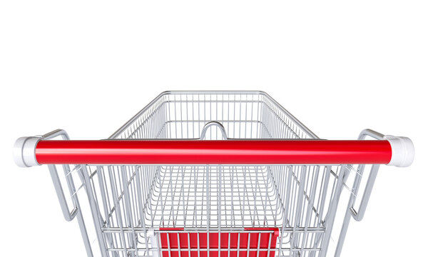Empty shopping cart with red handles isolated on white background