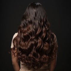 Fototapeta premium Backward front view of a beautiful long curly wavy haired brunette.