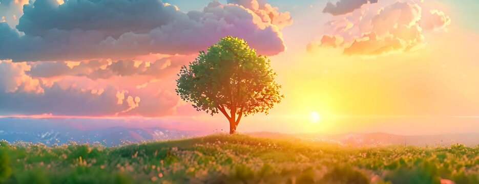 panorama small tree growing with sunrise. green world and earth day concept 4K Video