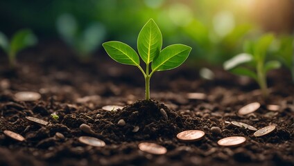 A seedling grows on a coin lying on the ground. Green investment concept, Increasing money to invest. financial growth concept. AI generated