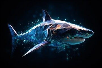 Futuristic shark made of glowing polygons representing marine technology in the deep sea