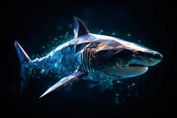 Fotobehang Futuristic shark made of glowing polygons representing marine technology in the deep sea © Sara_P