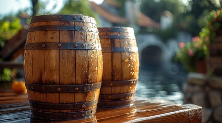 beer barrel wooden container with bokeh light, rustic homemade theme,  Generative Ai	
