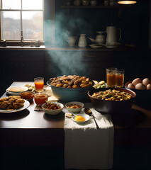 Platos típicos de comida de Pascua en Estados Unidos, cordero asado, pan de Pascua, huevos de chocolate, jamón de Pascua - obrazy, fototapety, plakaty