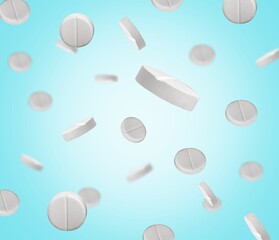 Falling white medical Pills on backgound
