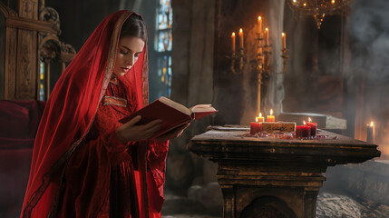 Pretessa in Rosso si applica ai suoi studi benefici e protettivi nella Chiesa, la sua Casa. - obrazy, fototapety, plakaty