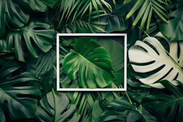 green leaves and tropic flowers with white square frame 