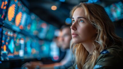 Young woman analyzing data displays in a modern control room during a mission briefing while colleagues are present in the background