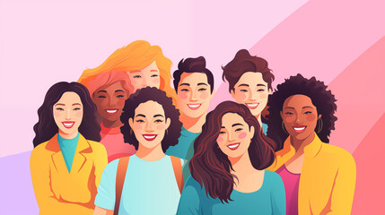 Female diverse faces of different ethnicity poster, Women empowerment movement pattern, International women s day graphic vector - obrazy, fototapety, plakaty