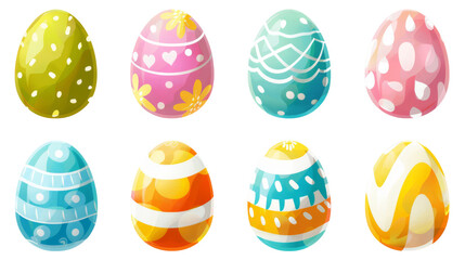Colorful Easter eggs with various patterns on a white background, representing spring and festive joy.
