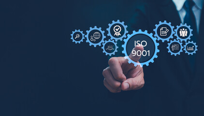 ISO 9001 quality management system gears, highlighting standards, teamwork, and business...