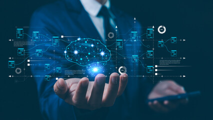 Futuristic AI neural network interface, symbolizing cutting-edge data management and smart technology. Businessman show the brain working of Artificial Intelligence Automation, Machine Learning.