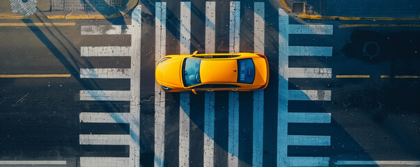 Overhead View of Yellow Car at Zebra Crossing.
Top-down shot capturing a yellow car on urban crosswalk.

