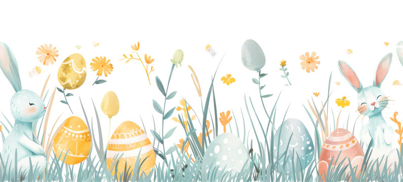 Watercolor illustration of Easter bunny ears peeking from vibrant eggs hidden in grass. Pastel tones, festive, spring concept. Ideal for greeting cards, adverts, and seasonal promotions.