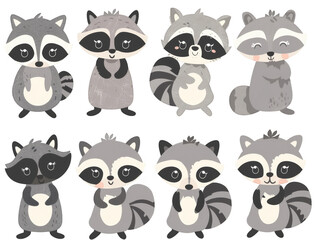 Collection of cute cartoon raccoons in various poses, ideal for children's books, wildlife education, and character design.