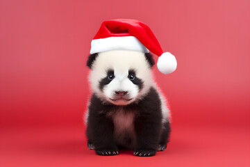 Fototapeta na wymiar Sweet Baby Panda in a Festive Hat against a Vibrant Red Backdrop – Ideal for Your Holiday Imagery!