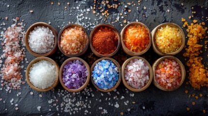 Obraz na płótnie Canvas Salts of the world. Gourmet Salts. Colorful salts. Trending food.