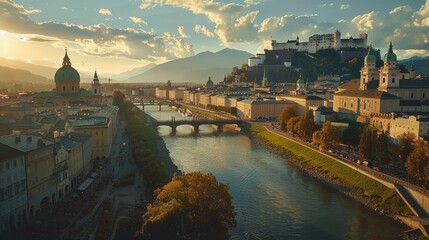 Behold the majestic Freyschloessl Fortress standing proudly against the backdrop of Salzburg's skyline, its ancient stone walls bathed in warm sunlight