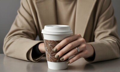 Woman's hands holding a paper coffee cup wit geometric pattern close up elements. Cafes or personal blogs, urban living concept. AI Illustration