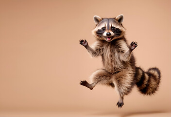 funny bouncing raccoon on beige background. . copy space. for postcards, advertisements. place of the text
