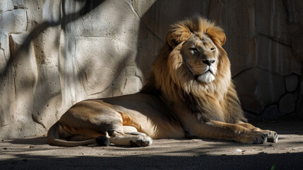 Naklejka premium A large lion laying down on top of a cement ground