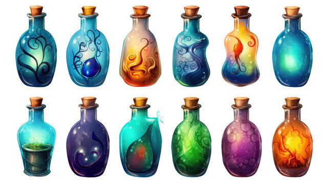 A collection of vibrant, cartoon-styled potion bottles in various colors and bubbling contents, corked and uncorked. Game design assets, transparent background